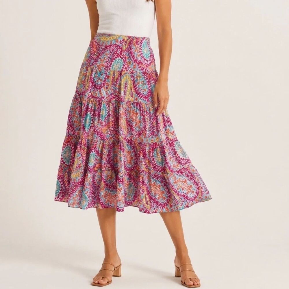 Lauren Ralph Lauren Paisley Tiered Midi Skirt Colorful Boho Cotton P/L